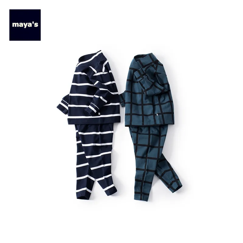 

Mayas Striped Plaid V-Neck Boys Autumn Pajamas Soft Full Sleeves Winter Causal Fit Basic Children Homewear Kids Fashion 81236