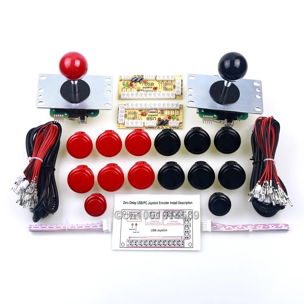 

12 X Japan SANWA Buttons & 2 x China Arcade Buttons Wires Harness + 2 x Sanwa Stick Cables + PC Encoders Board MAME - Black+Red