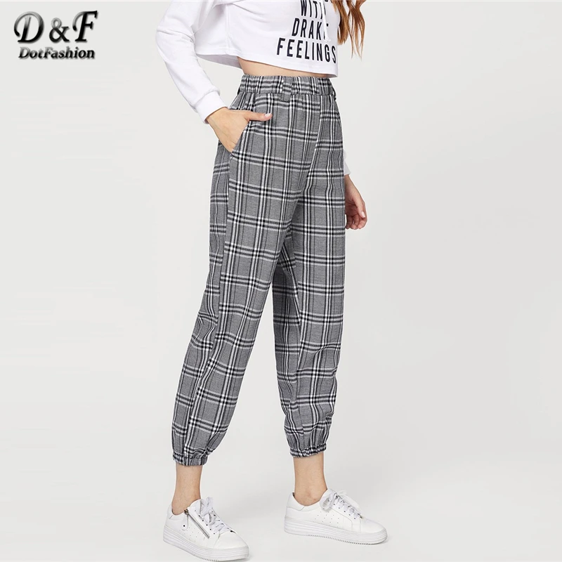 

Dotfashion Grey Pocket Elastic Waist Plaid Bottoms Pants Women Casual 2019 Autumn Fashion Clothing Womens Korean Style Trousers
