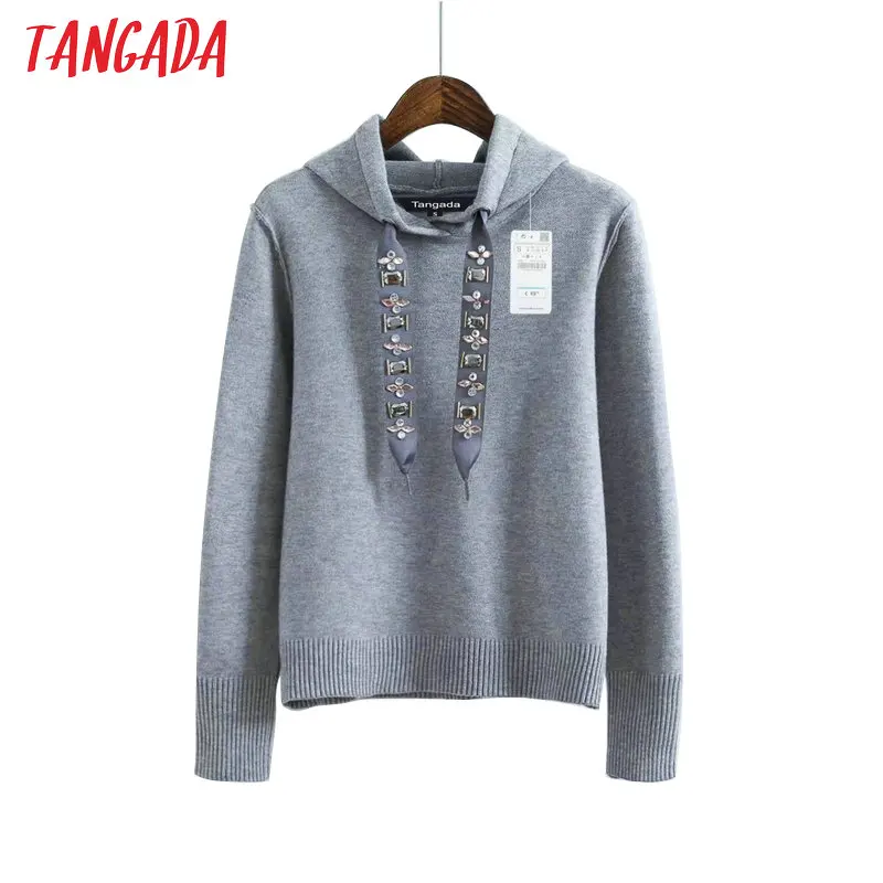 Tangada Womens Hoodie Sweatshirts Hooded Long Sleeve Beading Black Pullovers Women Female Casual Sw
