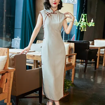

Vintage Dress Woman 2019 Chinese Style Summer Stand collar Rayon High split Elegant Slim Cheongsam Dresses