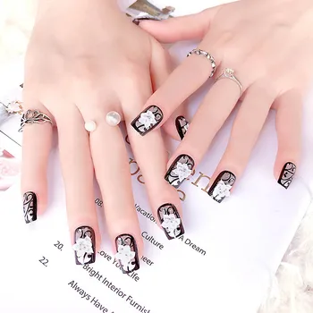 

Wedding French Design Long Size False Nails 3D Acrylic Flower Carving Fake Nails Classical Black Color Nail Art Tips with Glue