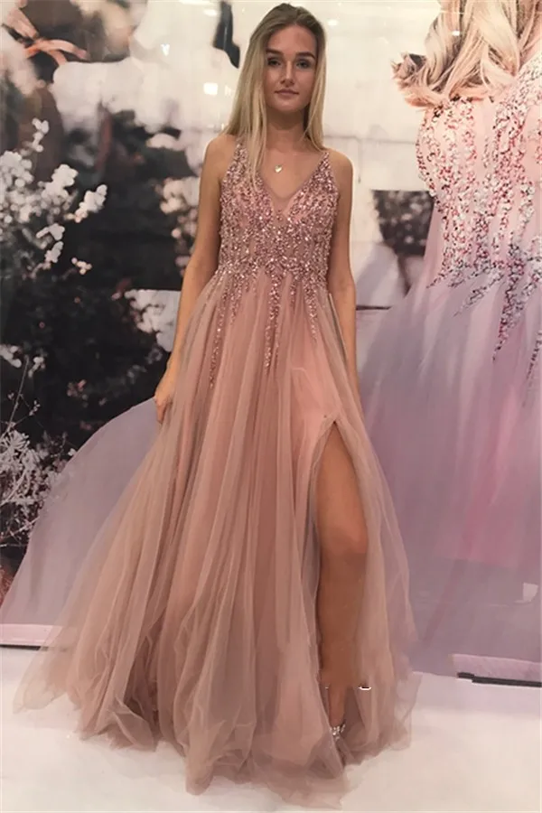 New Sexy High Slit Prom Dress Long 2019 Beaded V Neck -4885