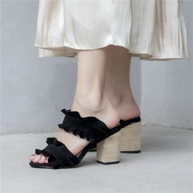 

NAYIDUYUN Women Genuine Leather High Heel Roman Gladiator Sandals Open Toe Party Pumps Shoes Pleated Ruffles Punk Slippers
