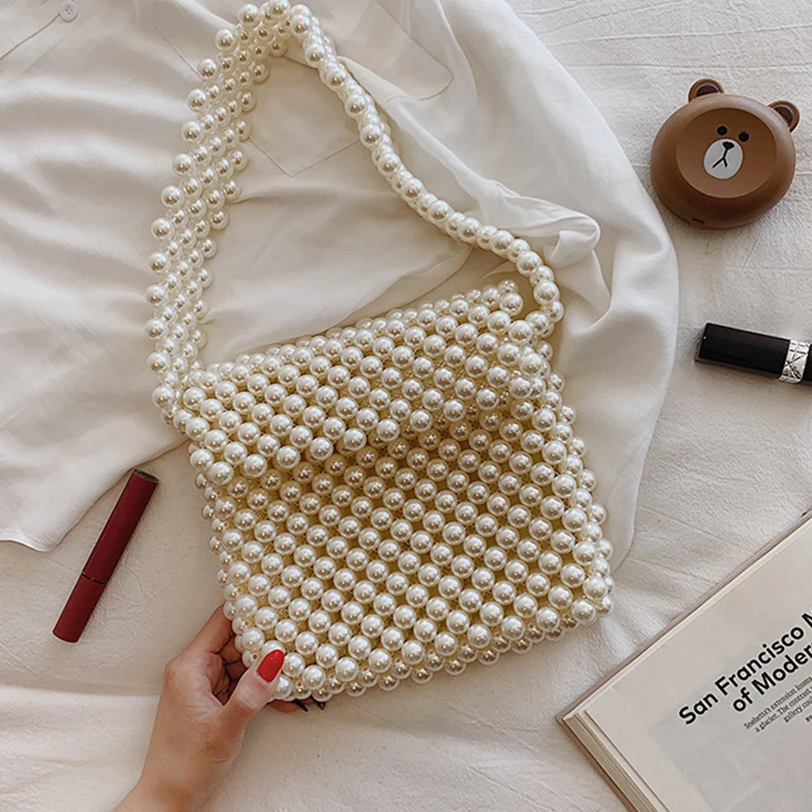

Hand-woven Pearl Women's Bags Beaded Women Handbag Designer Shoulder Crossbody Bag Phone Bag Ladies Hand Bags Purse Clutch 2019