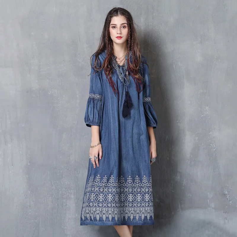 

Sweet original female clothing 2019 spring and autumn large size denim long Vintage embroidered lantern sleeve dress women