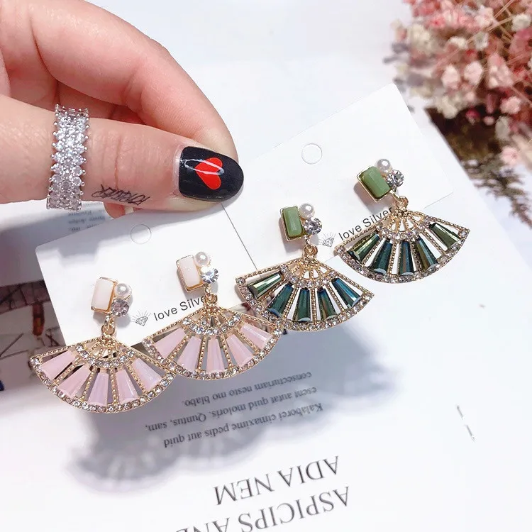 Fan cubic zircon Sector earring 925 silver pin Hypoallergenic fadeless alloy fashion jewelry stud earrings for women gift