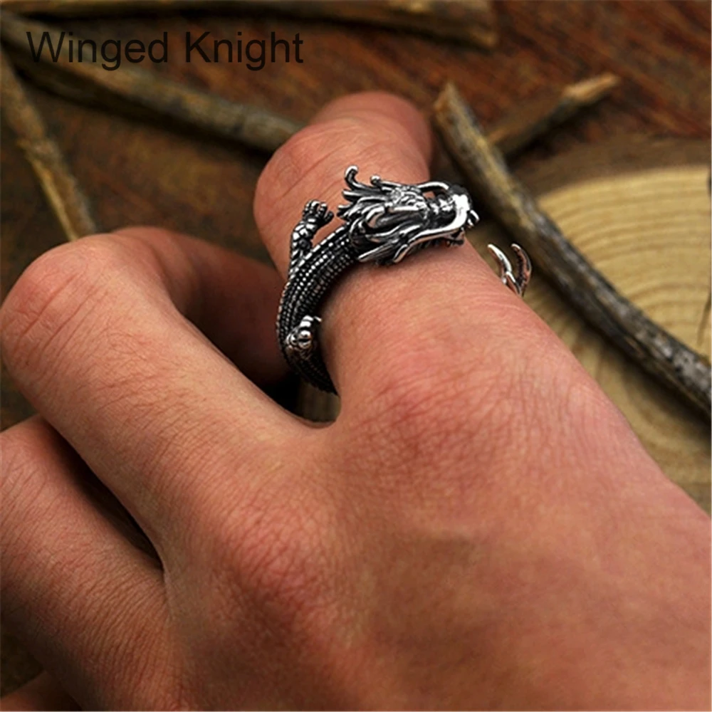 

Silver 925 men's finger ring vintage retro antique Animal dragon adjustable rings male cool Jewelry