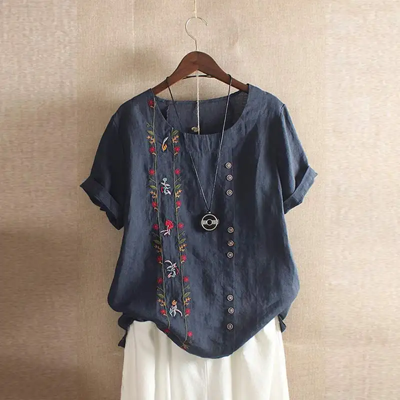 

2019 Women Summer Short Sleeve Shirt Embroidery Floral Blouse Casual Bohemian Cotton Linen Tops Vintage Blusas Plus Size Chemise