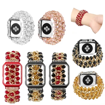

Luxury Crystal Strap with Frame Band for Apple Watch Series 3 2 1 Handmade Beaded Elastic Bracelet Wrist Strap 38MM 42MM
