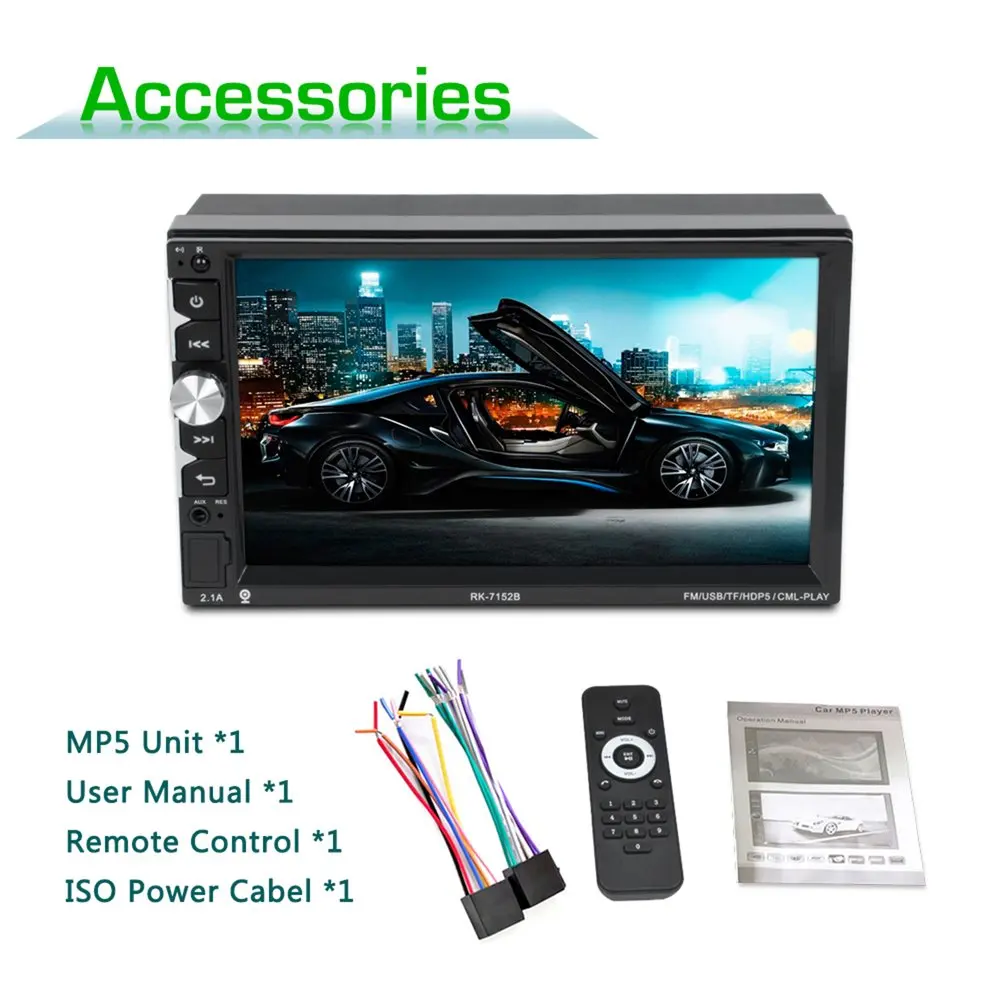 

Practical 7152 7 Inch Full HD 1080P Bluetooth Free Hand Call Car MP5 Player Touch Screen Display with Seven Color Backlight