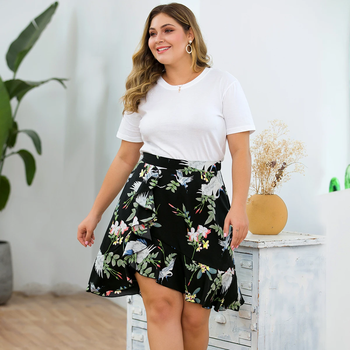 

H80&S90 Plus Large Big Size Women High Waist Lotus Leaf Edge Split Floral Skirts Lady Sweeet Cute Mini Skirts Female Clothes