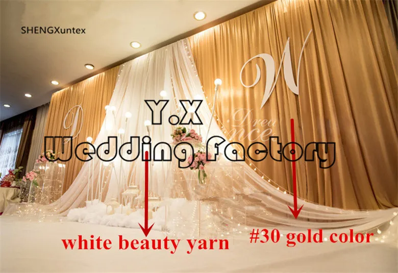 

ice silk Gold Nice Looking Wedding Backdrop Curtain with nets yarn swags Include Led Lights For Sale Free Shipping