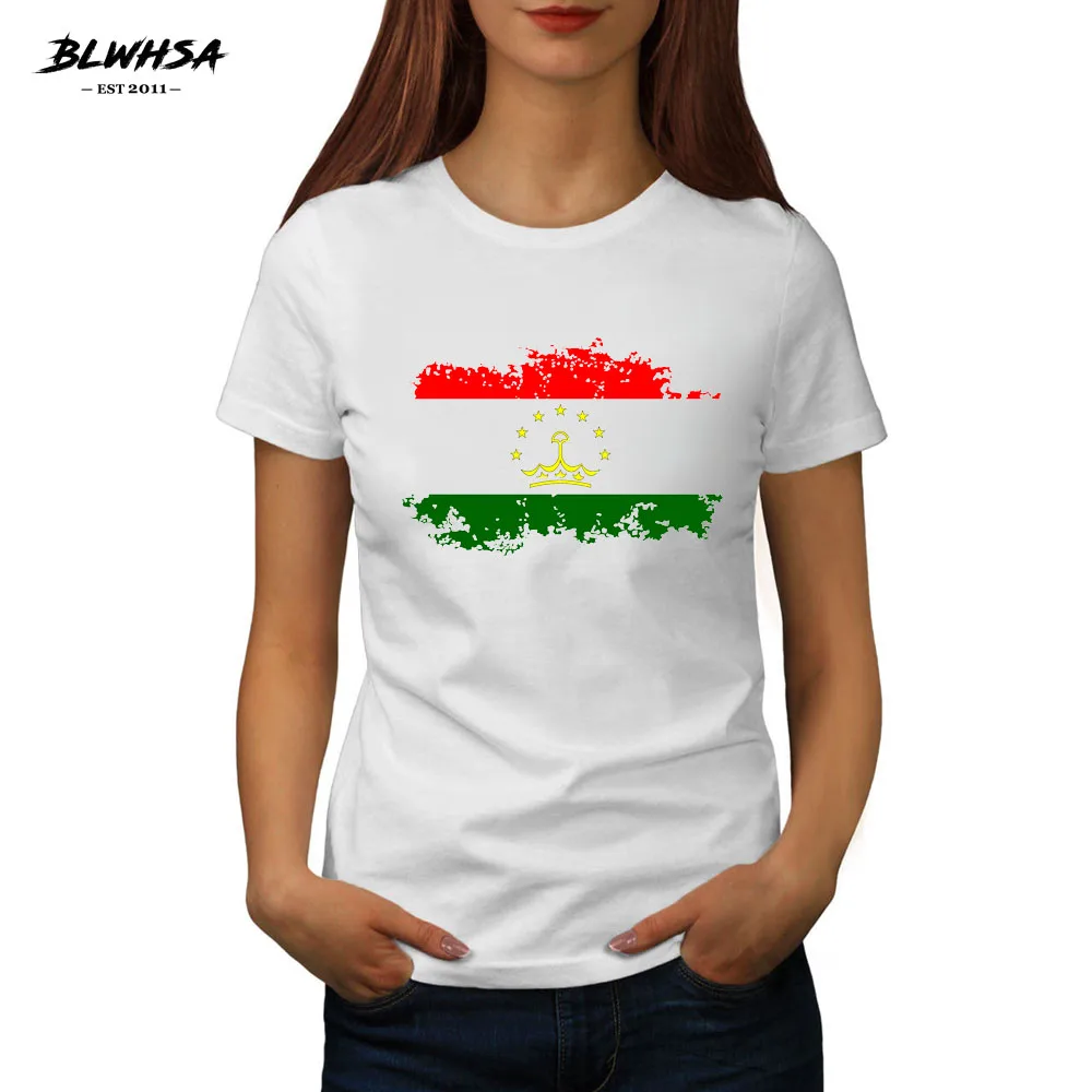 

BLWHSA Spring Summer Women T-Shirts New Arrival O-Neck Solid Tajikistan Nostalgic Flag Short Fashion Casual Women Cotton