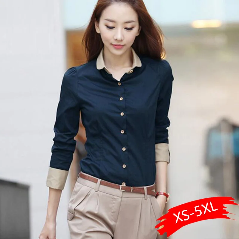 

5XL Patchwork Long Sleeve Shirts Women Blouse Autumn Lapel Office Ladies Button Casual Shirt Plus Size Blouses Blue Tops Blusas