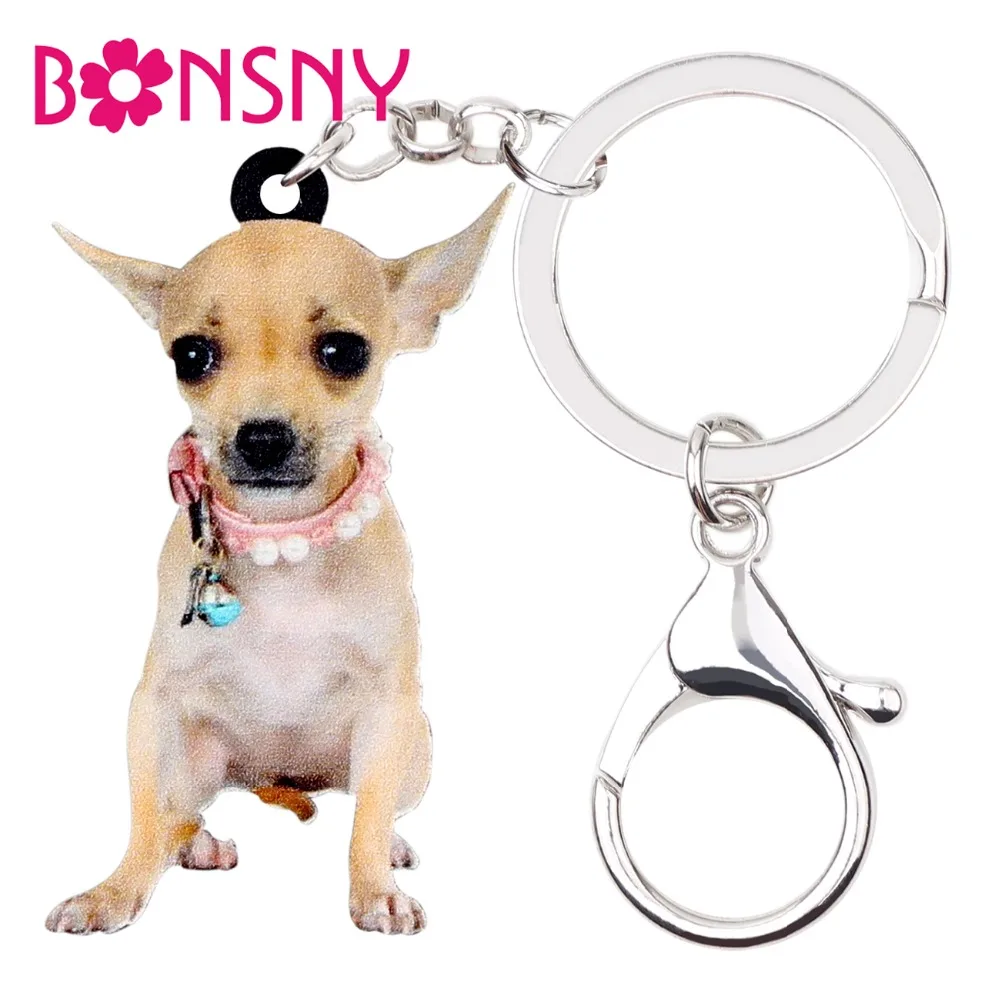 

Bonsny Acrylic Sweet Collar Chihuahua Dog Key Chain Keychains Rings Cartoon Animal Jewelry For Women Girls Car Bag Charms Bijoux