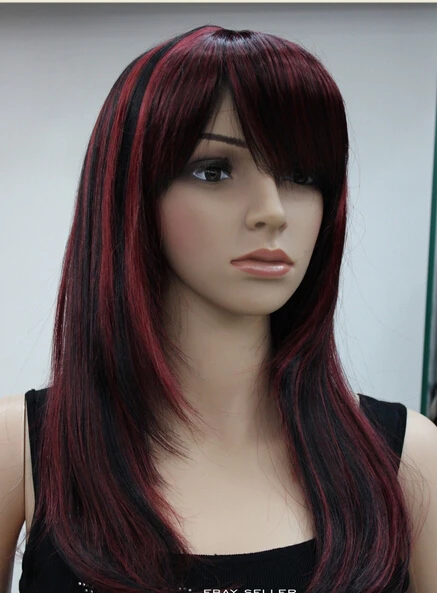 

FREE P&P^^^^^^^Fashion Black + wine red Mixed Long Straight Women Ladies wig Bangs HTLC068