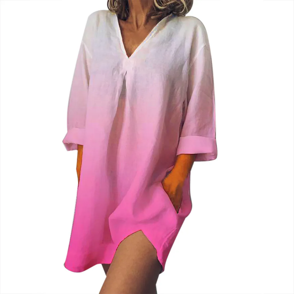 

Jaycosin clothes dress Women Plus Size V-Neck Easy Print Dye Gradient Cotton And Linen Fashion special Dress