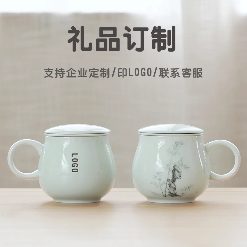 Jingdezhen green ceramic tea cups with cover filter cup mug gifts custom office water cup drinkware