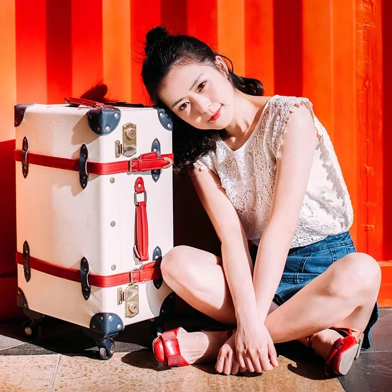 US $105.84 Retro Travel Suitcase On Wheels Fashion Spinner Rolling Luggage Women Fashion Caibin Trolley Suitcase PU Leather Road Suitcase