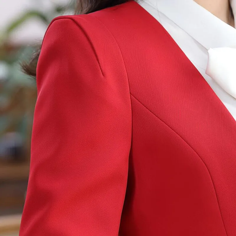 Fashion Elegant Red Women Blazer New Winter Formal Business Ruffles Slim V Neck Jacket Office Ladies Work Coat 4