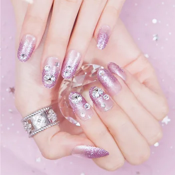 

Wholesales 24pcs Lots Long Fake Nails Shiny Purple Paillette Glitter Crystal Inlay Press On Full Cover Nail Tips false Nails