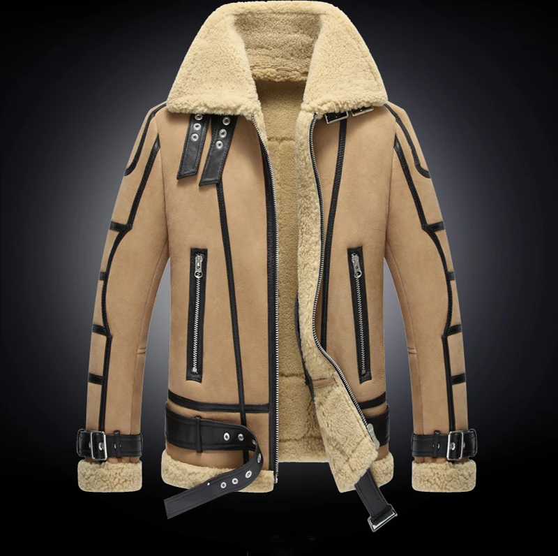 Зимняя Мужская модная байкерская куртка из овечьего меха