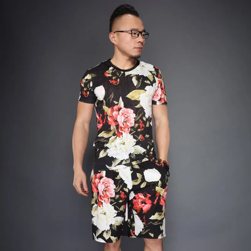 Изысканная футболка в китайском стиле с цветочным принтом и шорты, летний костюм, новые качественные мягкие удобные мужские короткие комплекты