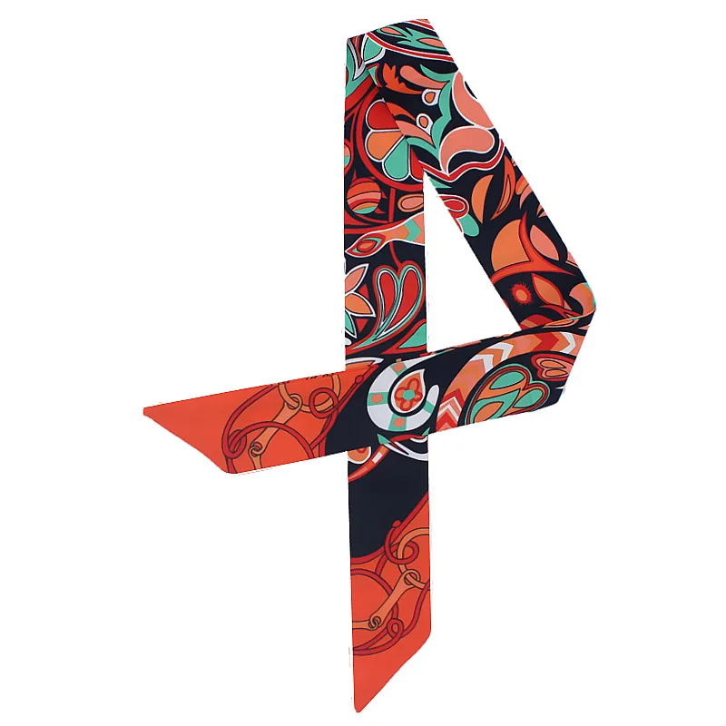 

Fashion Floral Print Twill Silk Scarf For Women Striped Headband Handle Bag Ribbons Luxury Brand Summer Small Long Head Scarves