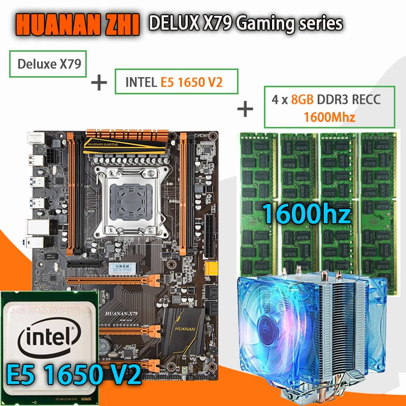 Игровая материнская плата huanan Zhi Deluxe X79 LGA 2011 ATX cpu E5 1650 V2 SR1AQ 4x8G 1600 МГц 32 ГБ DDR3 RECC память с кулером
