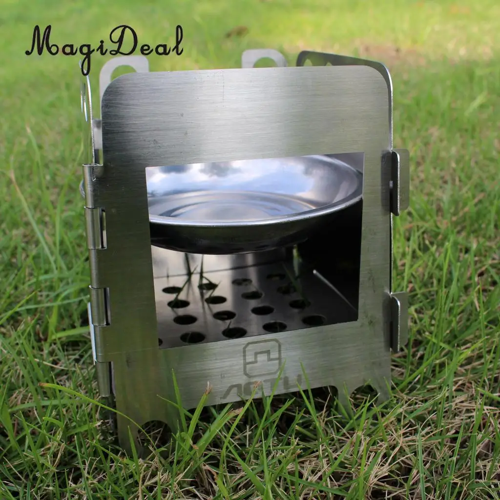 MagiDeal Camping Stove Stainless Steel Folding Wood Stove Alcohol Burner Pocket Compact Foldable Stove Outdoors Small Tools
