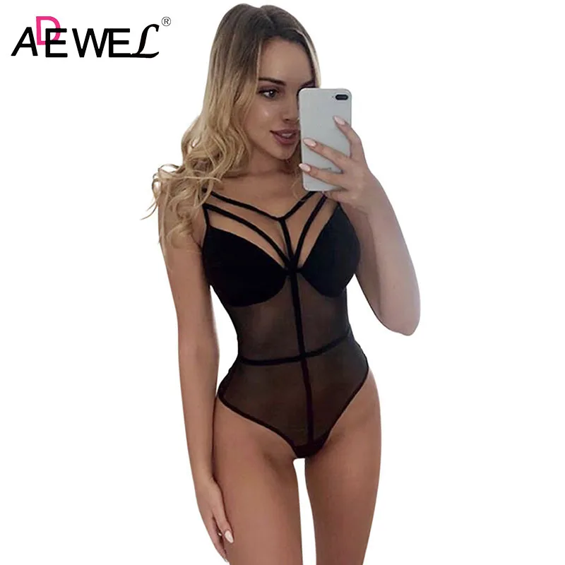 

ADEWEL See Through Bandage Bodysuit for Woman 2019 Summer Sexy Black Style Female Body Tops Ladies Skinny Bodysuits Size S M L
