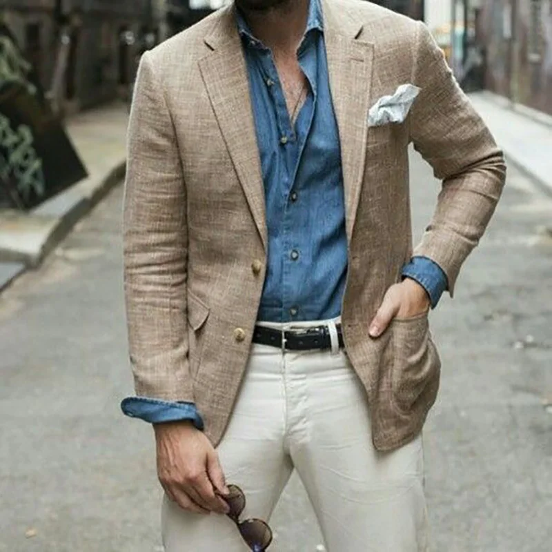 Latest Coat Pant Designs khaki linen men suit classic casual suit for street beach wedding suit for groom summer jacket+pants 
