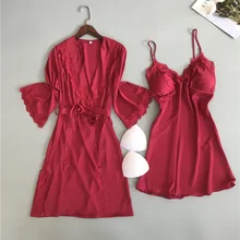 Весенняя Шелковая пижама, халат, сексуальное кружевное платье для сна с подушечкой на груди, женский осенний комплект из двух предметов, ночная рубашка, юбка+ пальто, домашняя одежда