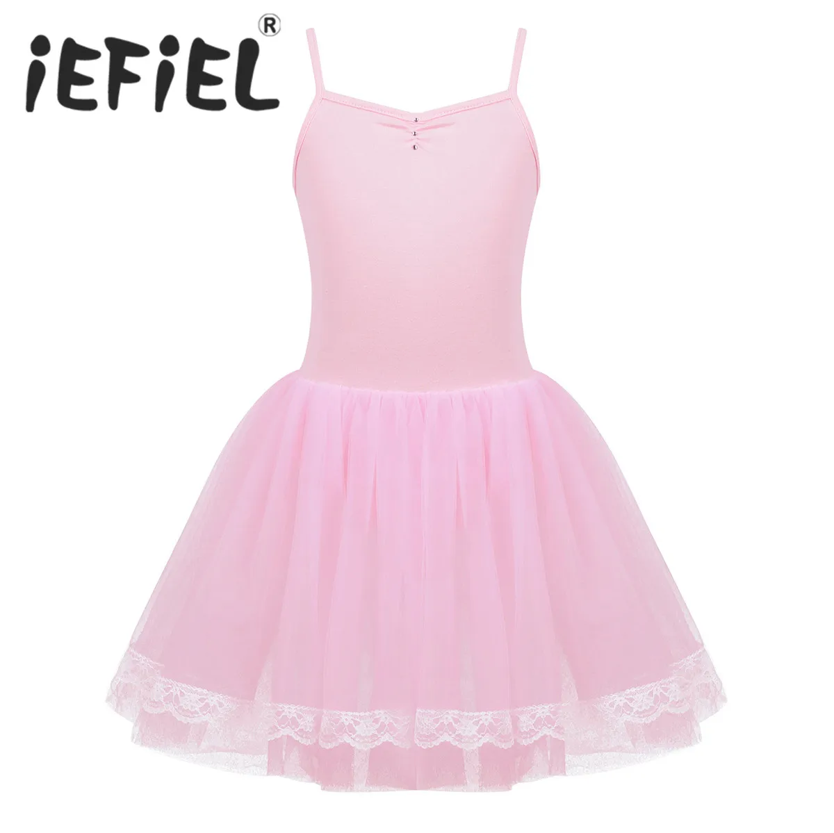 

Cute 4-10Y Kids Girls Spaghetti Shoulder Straps Pinched Front with Rhinestone Ballet Dance Gymnastics Leotard Mesh Tutu Dress