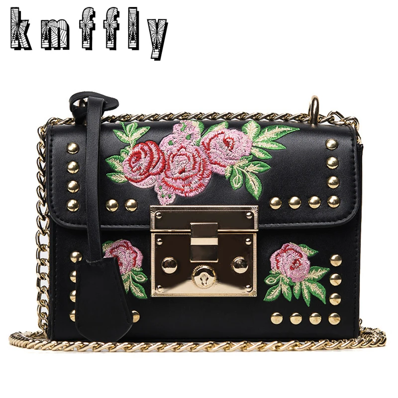 KMFFLY Embroidery Floral Luxury Handbags Women Bags Designer Brand Famous Shoulder Bags Female Leather Marque De