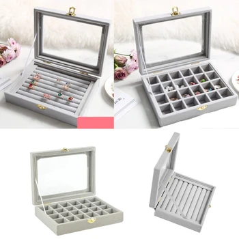 

Phenovo-2PCS Jewelry Earring Ring Display Case Storage Box Showcase Organizer Grey
