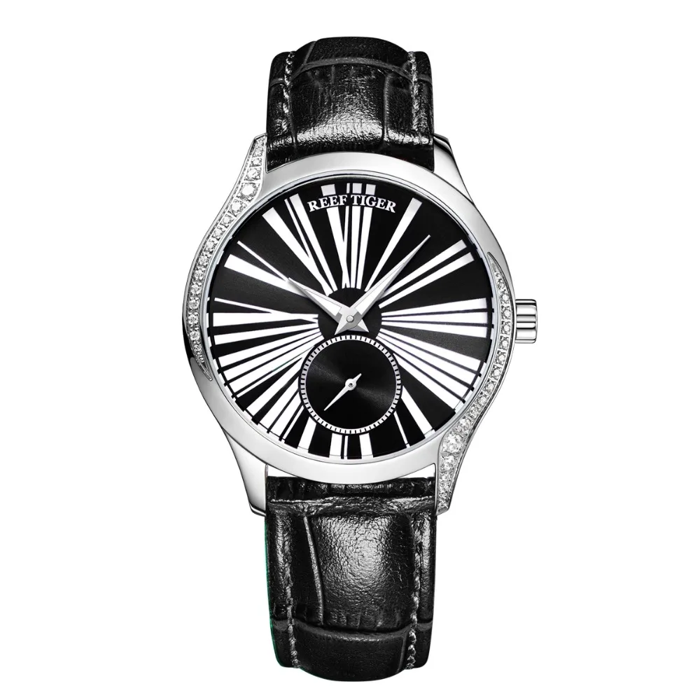 US $105.00 Reef Tiger RGA1561 Lady Luxury Austria Crystal Second Dial Women Automatic Meachanical Wrist Watch With Leather Strap Silver