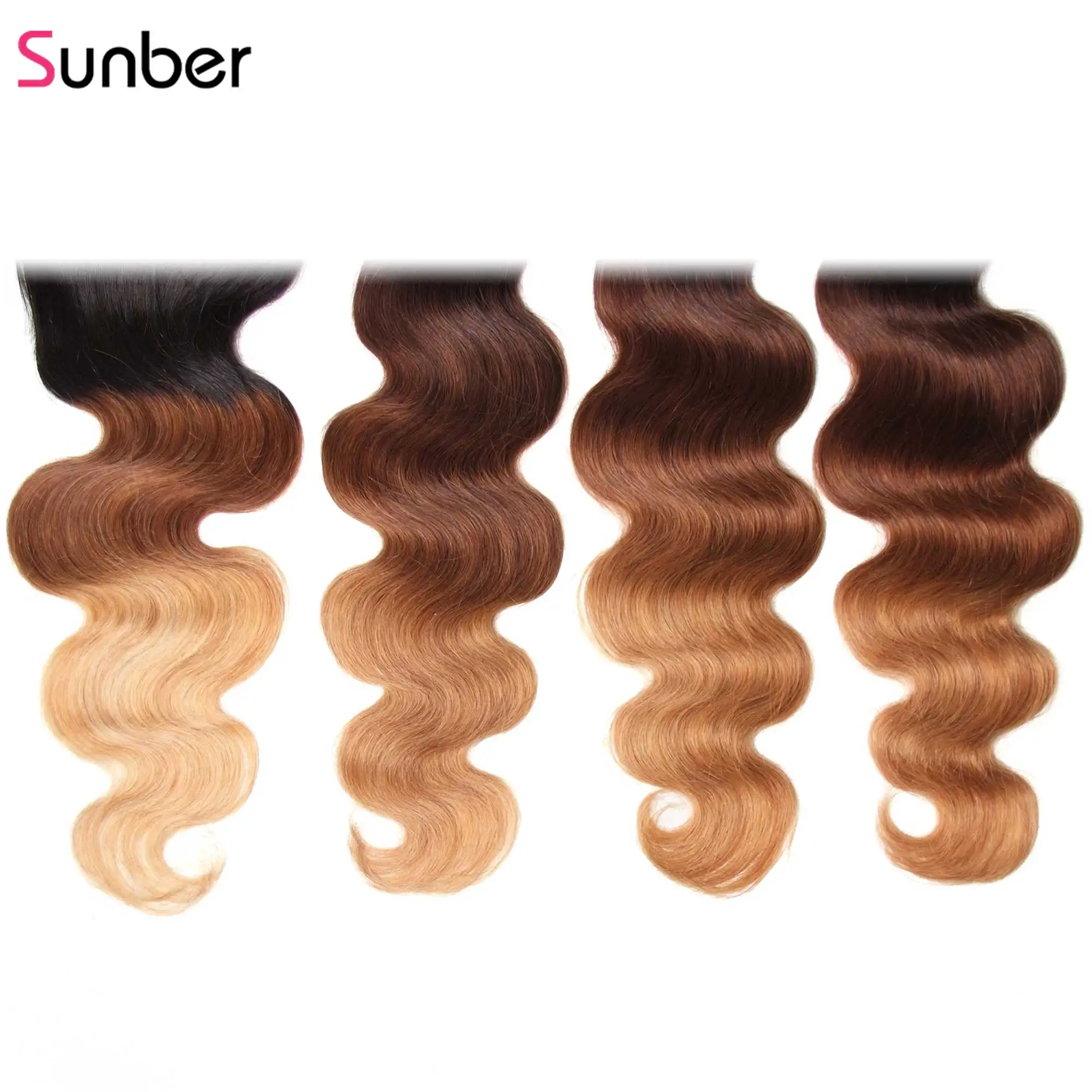 Sunber Hair 3/4 Ombre пряди с закрытием Remy человеческие волосы для наращивания 16-26 дюймов T1B/4/27 Pervuian пряди волос с закрытием