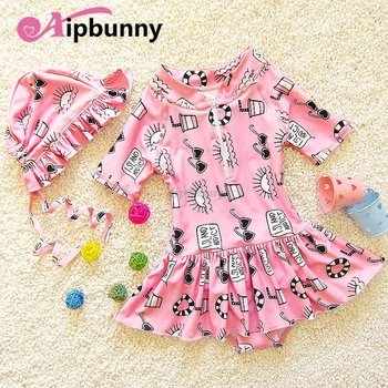 

Aipbunny 2018 Short Sleeves Cartoon Printed Animed one Piece Swimsuits Kids girl Ruffle Dress Bikini Swimwear Infantil Costumes