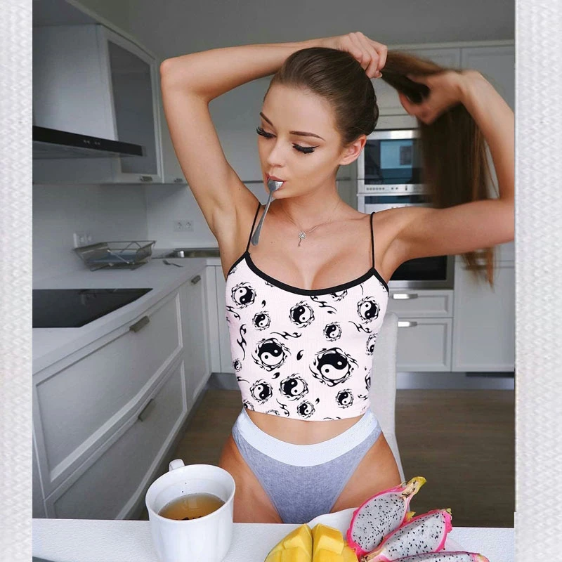 

Harajuku Crop Tops Women Taiji Printed Fashion Streetwear Slim Sexy Spaghetti Strap Tops Tee Hipster