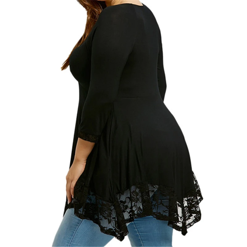  Plus Size Women Tops Lace Trim Empire Waist Handkerchief T-shirts Three Quarter Asymmetrical Spring