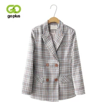 Gplus, винтажный двубортный клетчатый блейзер с зубчатым вырезом,, весенние куртки с карманами для женщин, Ретро стиль, офисные женские пальто, рабочая верхняя одежда C7561