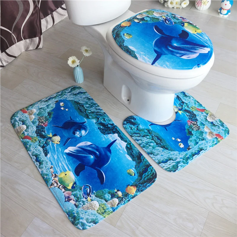 cheap 3Pcs Bathroom Mats Set Mattress Shell Fleece Pedestal Rug Kit Bathroom Toilet Pattern Bath Mat Non Slip Floor Carpet Alfombra