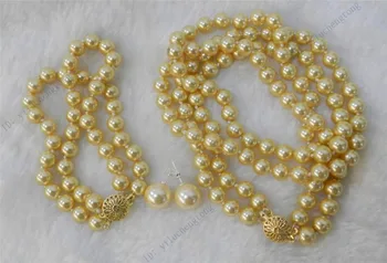 

word Love shipping Shipping >>>>>2 Rows Gold 10mm Sea Shell Pearl Necklace Bracelet Earring Set AA -jewelry