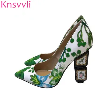 

Knsvvli fashion embroider flowers women pumps elegant lady pointed toe print strange heel dress party shoes 10cm high heels