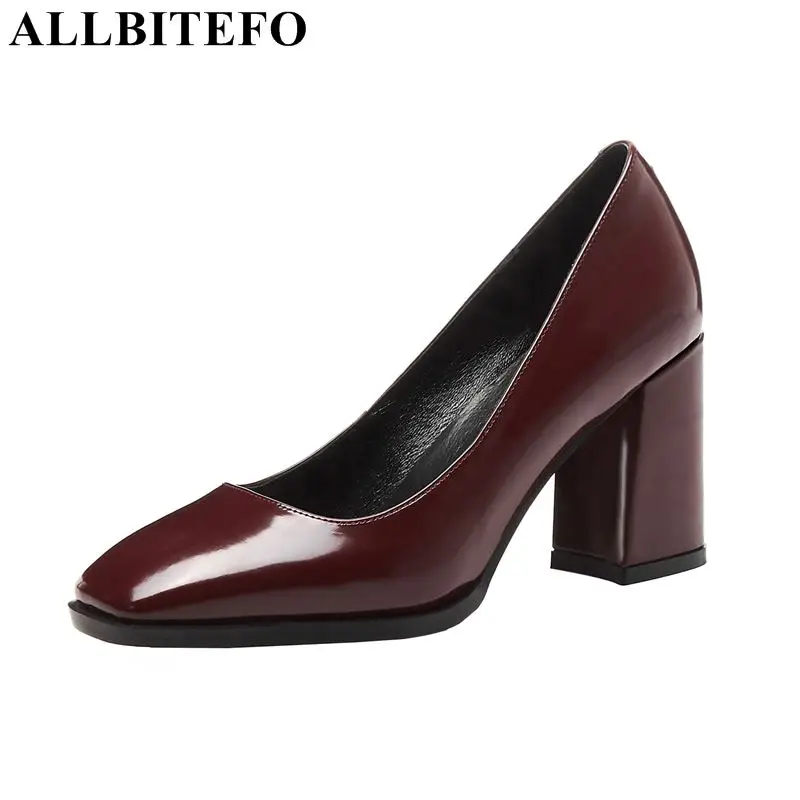 

ALLBITEFO full genuine lerther square heel square toe shoes spring ladies comfortable fashion casual shoe super high shoes woman