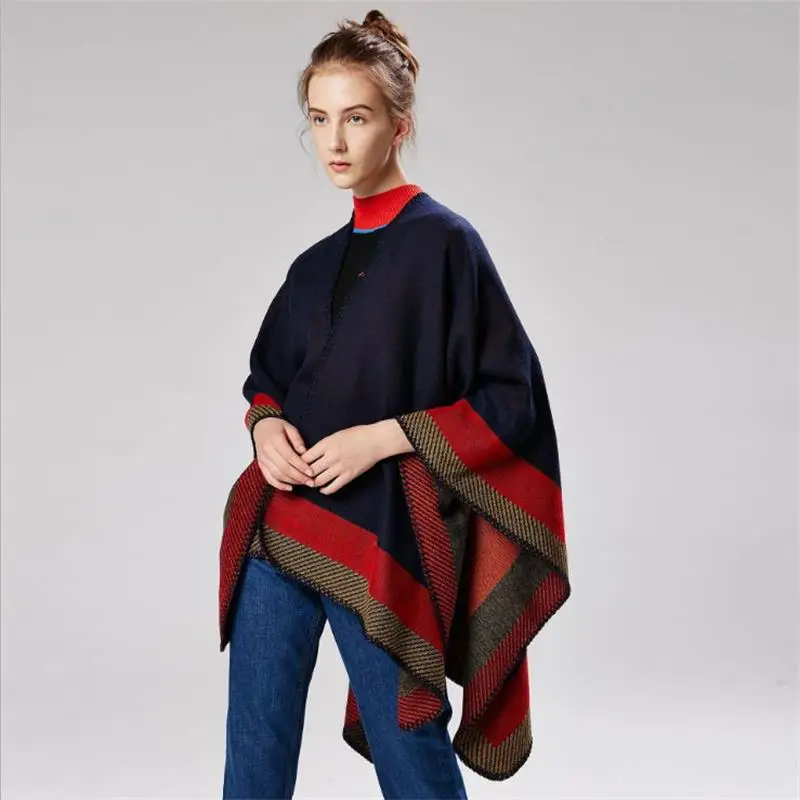 SupSindy women's poncho Winter scarf women cape Red Stripe shawl wrap luxury pashmina warm scarves for women cloak vintage stole