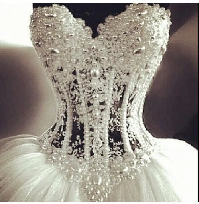 Glamorous-Sparkle-Beading-Crystal-Top-Bodice-Sheer-Pearls-Puffy-Wedding-Bridal-Dresses