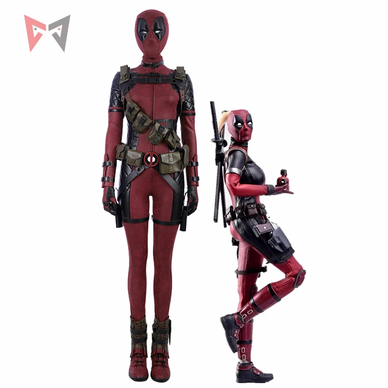 

New female deadpool cosplay costume kids women custom made size leather jumpsuits fancy belt shoes set for Christmas Halloween